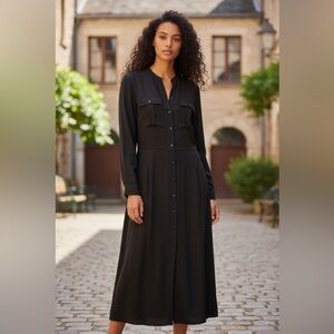 NWT Talbots Black Silk Long-Sleeve Button-Front Maxi Dress